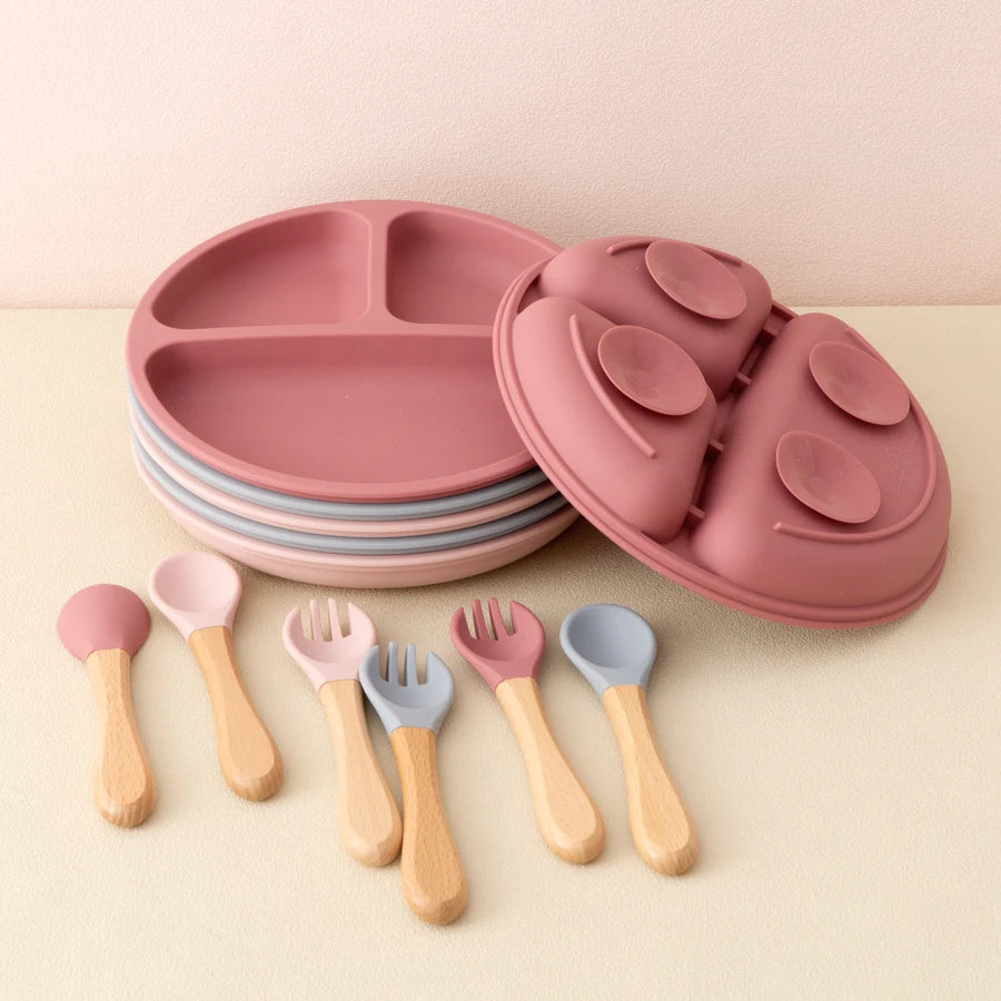 Assiette compartimentée en silicone avec couverts Montessori