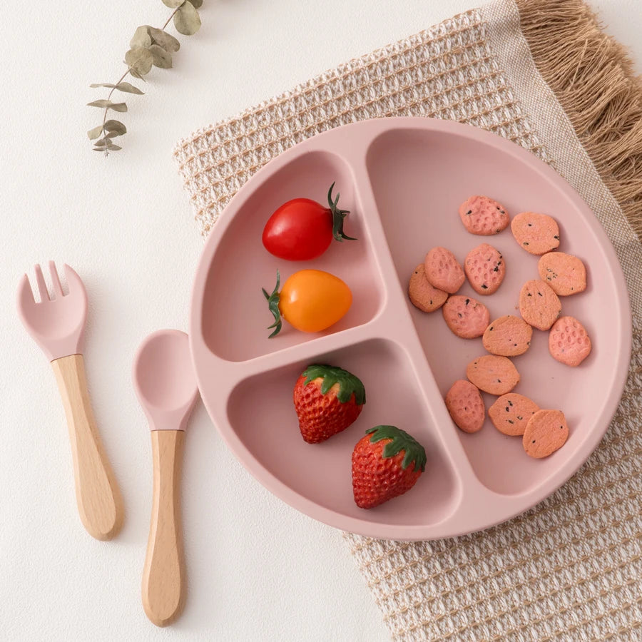 Assiette compartimentée en silicone avec couverts Montessori